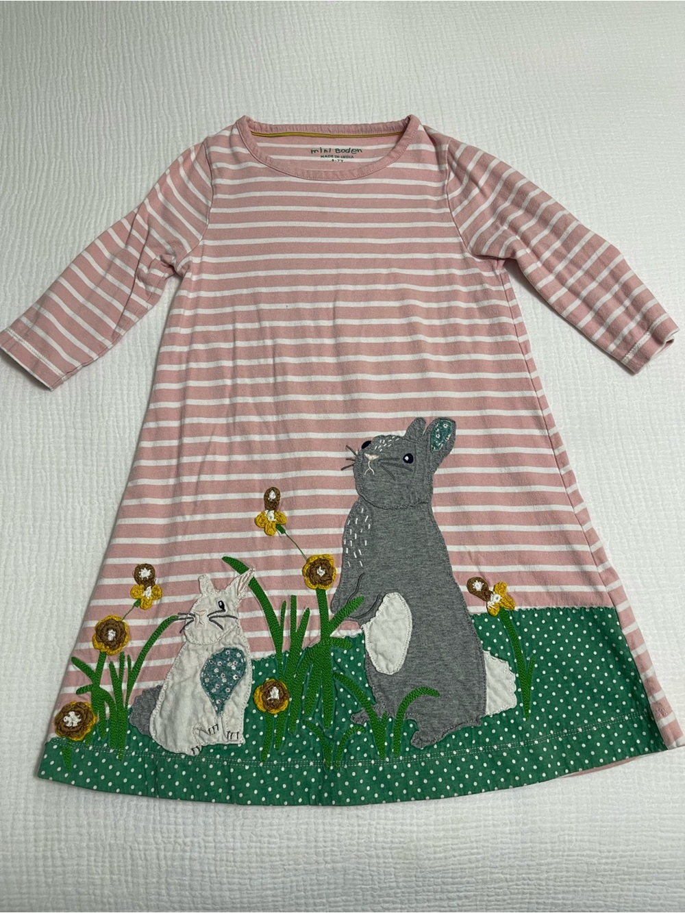 Mini Boden Pink & White Striped Bunny Appliqué Dress
